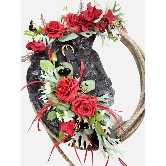 Artificial Floral Wreath With Red Roses & Greenery On Black Textured Base & Rope - Picture 4 of 14